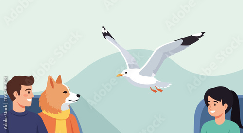 People and dog on a ferry watch a seagull fly over calm water