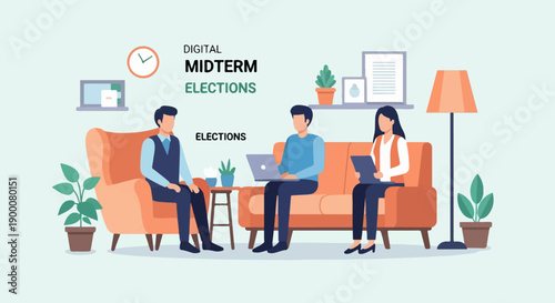 People discussing digital midterm elections in a modern living room setting