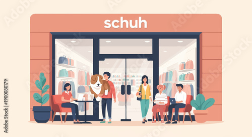 People and dog outside a stylish store with apparel and bags on display