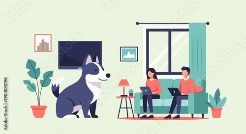 People and dog relax at home, working on laptops on the couch