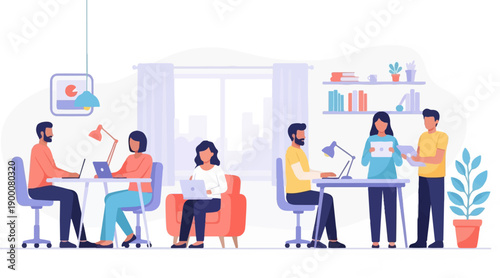 Office collaboration and individual work in a modern, bright workspace