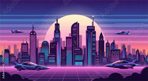 Neon cityscape with flying cars at dusk, retro-futuristic vibe