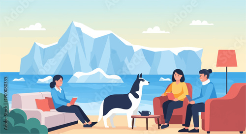 People and dog relaxing indoors with icy ocean and icebergs outside