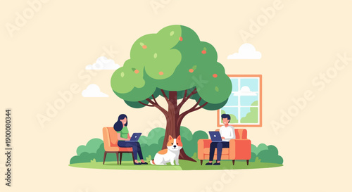 People and dog relaxing under a tree, working on laptops outdoors