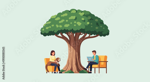 People and dog resting under large tree, one person using laptop