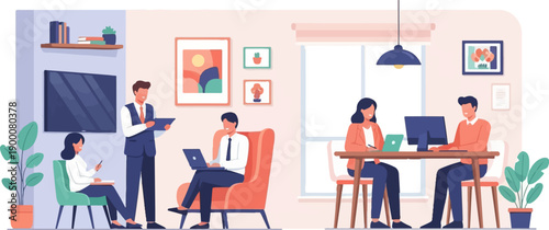 Office space with people working on laptops and computers