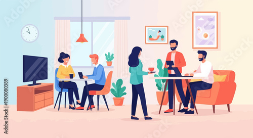 Office team collaborating and relaxing during work hours with coffee