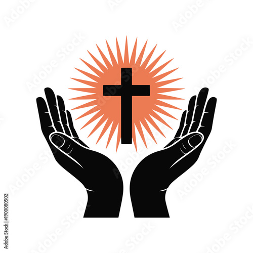 Christian Cross and Praying Hands Silhouette with Radiant Sunburst Light