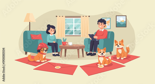 People and dogs enjoying a cozy living room with warm lighting and decorative art