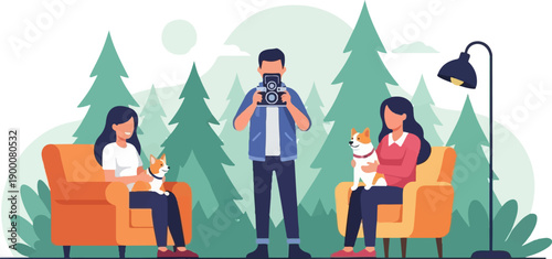 People and dogs relax indoors with nature scene and camera