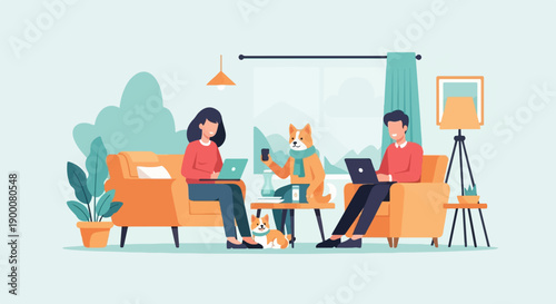 People and dogs relax on couches using laptops