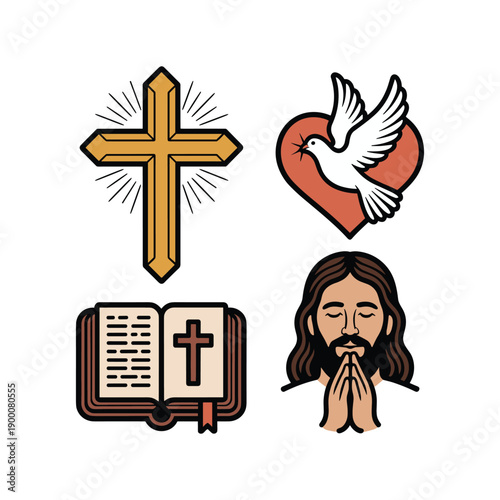 Christian Religious Icons Set with Cross, Bible, Praying Jesus, and Dove