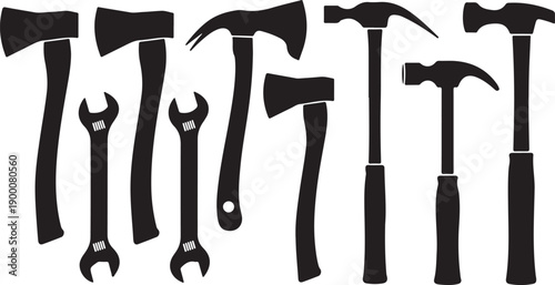 Black silhouette collection of axes hammers and wrenches