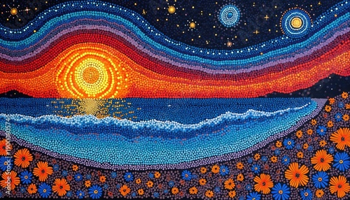 Vibrant dot painting shows ocean sunset with waves. Colorful flowers grow on shore under starry night sky. Aboriginal art style evokes dreamtime stories and culture.