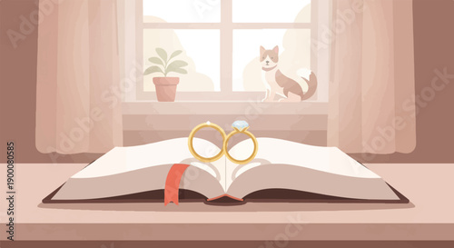Open book with rings, plant, and dog by window