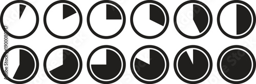 Black clock icon set showing different time positions and hour states