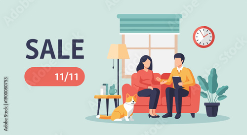 Illustration of a sale event with people and dog in a room