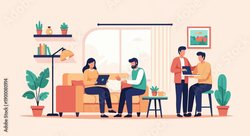 Illustration of people working collaboratively in a cozy indoor setting