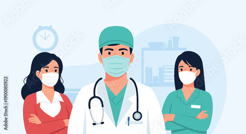 Medical professionals wearing masks with clock and shelves in background