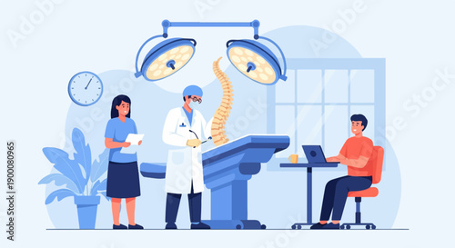 Medical professionals and patient in operating room with spine model