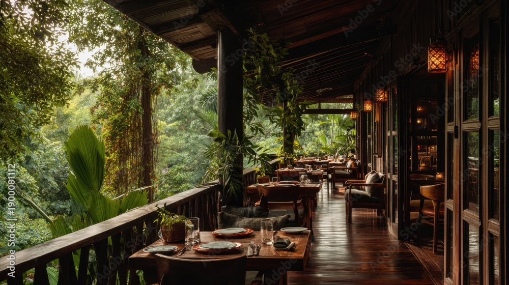 Fototapeta premium a luxurious restaurant in the jungle, with wooden chairs and tables set up on an open balcony overlooking nature 