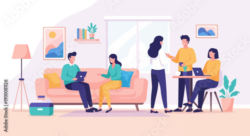 Friends relaxing and working together in a brightly lit living room