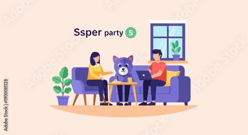 Friends relax on sofa with pet and laptop, enjoying indoor ambiance