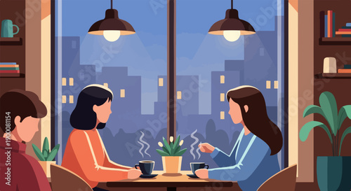 Friends sharing coffee indoors with a city skyline view at dusk