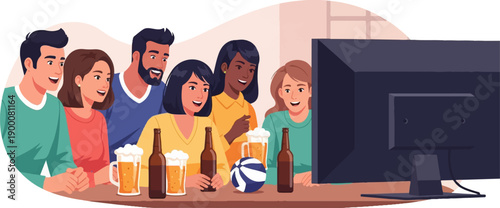 Friends watching TV with drinks and snacks, enjoying a game