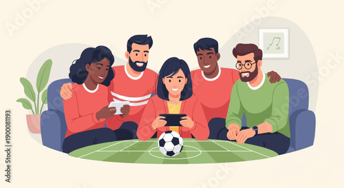 Friends gather on sofa to play video games with a soccer ball
