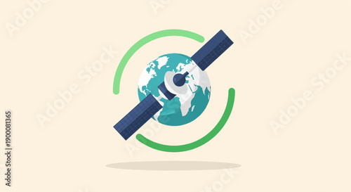 Flat illustration of Earth with a satellite orbiting and green arcs