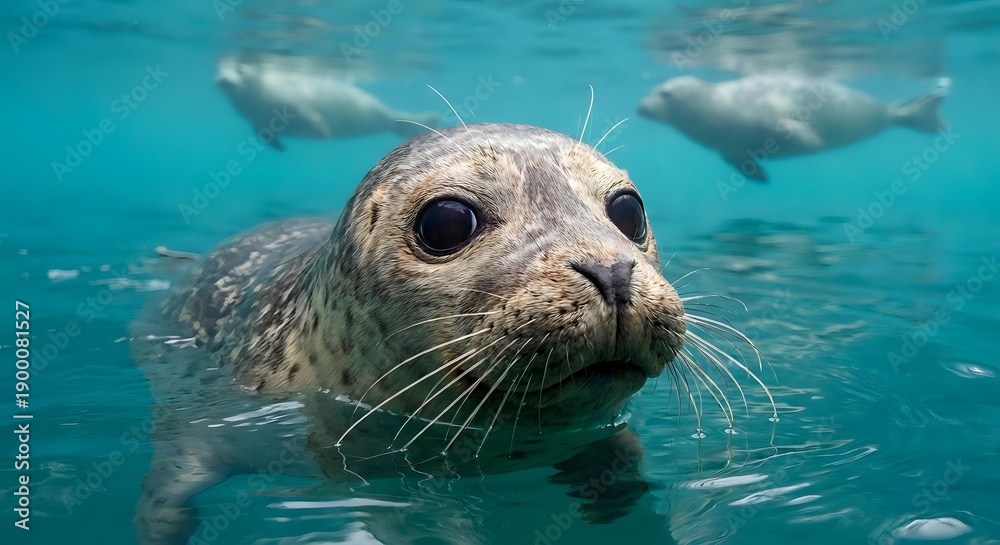 Obraz premium Adorable harbor seal pup swimming in crystal clear turquoise water with whiskers and big dark eyes looking directly at camera in natural marine habitat.