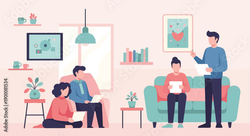 Flat illustration of people in a living room working and relaxing