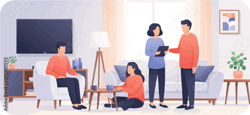 Flat illustration of people interacting in a modern living room with furniture