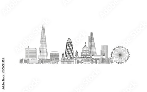 London UK Skyline Line Art Silhouette with Shard, Gherkin, London Eye, St Pauls, Tower Bridge Vector Illustration