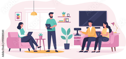 Flat illustration of people working and relaxing in a modern living room