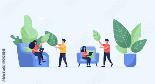 Flat illustration of people interacting with plants and technology in a calm setting