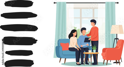 Flat illustration of people in a room discussing something on a tablet