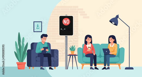 Flat illustration of people in a lounge area with a "no parking" sign
