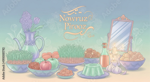 Traditional nowruz celebration table setting with food and decorative items
