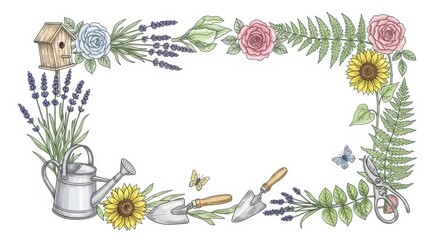 Hand-drawn garden frame with flowers, lavender, and tools, botanical border design