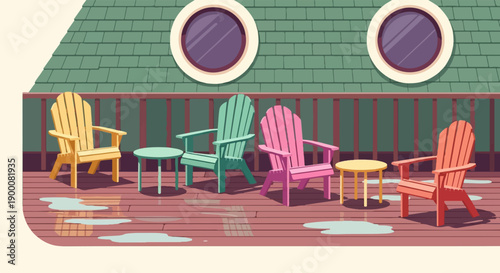 Four colorful Adirondack chairs and small tables on a wet wooden deck