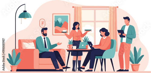 Four diverse people collaborate indoors, with drinks and laptops