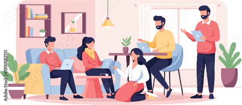 Four individuals collaborating on laptops and tablets in a cozy living room