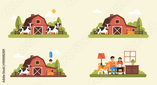 Four panels showing a farm, cows, dogs, and a family relaxing indoors
