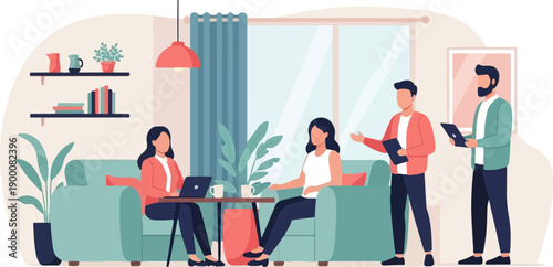 Four people collaborating in a modern, brightly lit living room