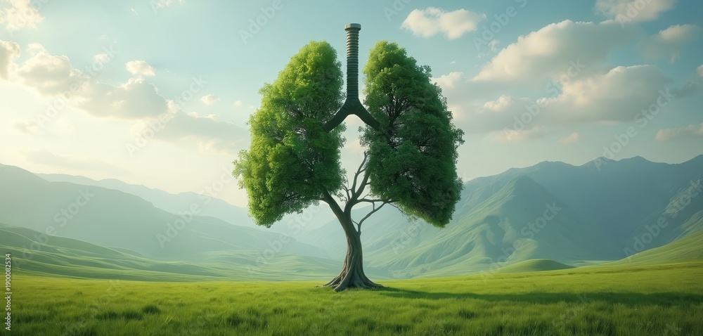 custom made wallpaper toronto digitalTree grows in field, shaped like human lungs. Green branches have leaves. Mountains and sky in background. Symbolizes healthy environment, pure air, life, and nature.