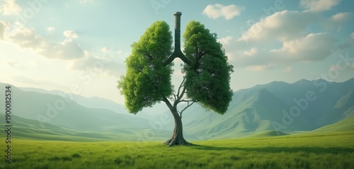 Wallpaper Mural Tree grows in field, shaped like human lungs. Green branches have leaves. Mountains and sky in background. Symbolizes healthy environment, pure air, life, and nature. Torontodigital.ca