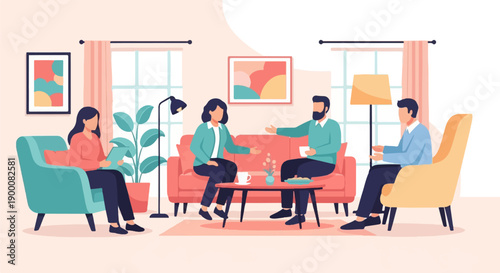 Four people conversing in a modern living room with artwork and plants