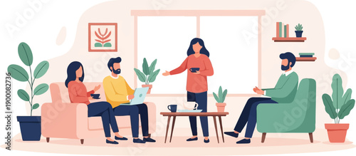 Four people gathered in a living room, one holding a laptop, another with coffee